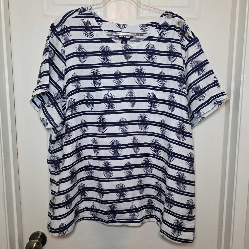 Lands End Blouse Tunic Linen Navy White Fern Print Sz 3X Nautical Coastal